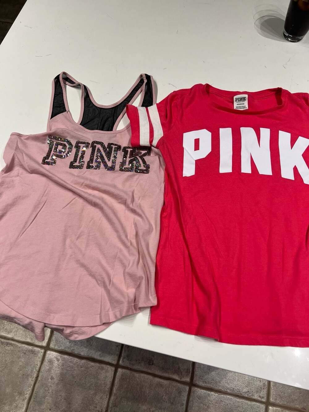 Lot of 2 Small Victoria's Secret PINK Tops: Sequin  Mesh Tank /Varsity T-Shirt